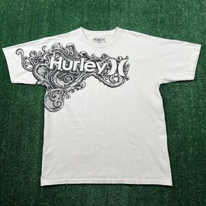 VTG Hurley Tribal T-Shirt Men Large White Surf AOP Spellout Skater Cyberpunk Y2K